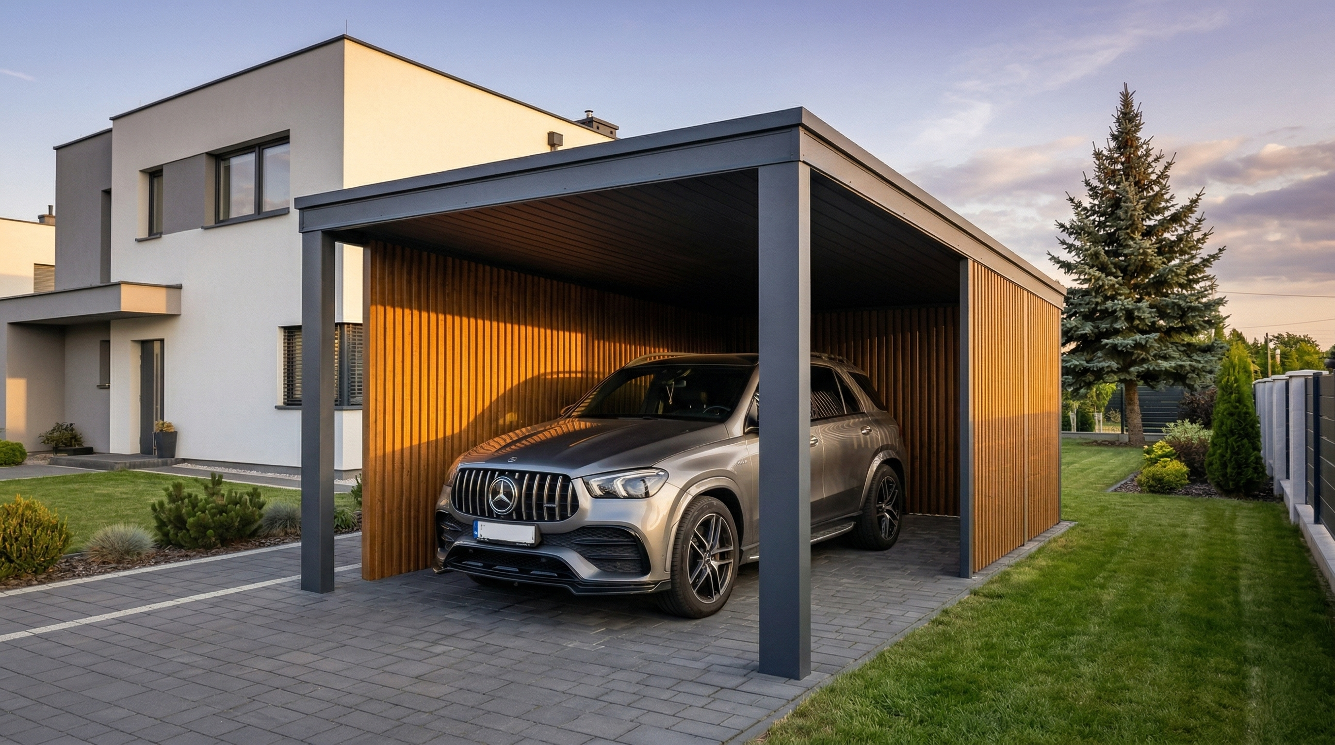 Wiata garażowa jednostanowiskowa – carport stalowy z lamelami