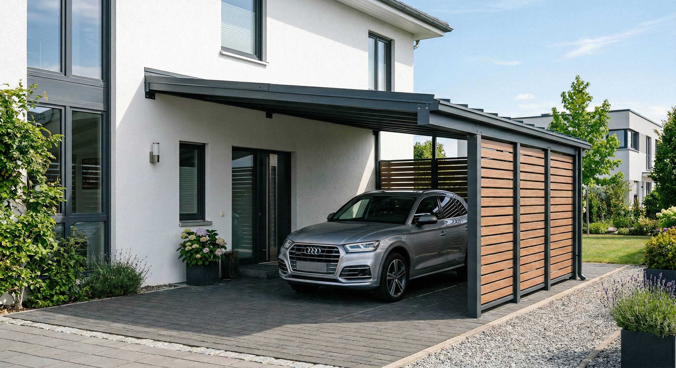 Wiata garażowa przyścienna – carport montowany do ściany